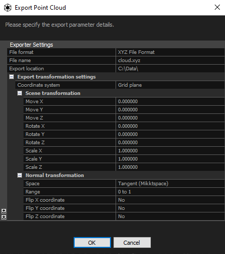 Point Cloud export dialog